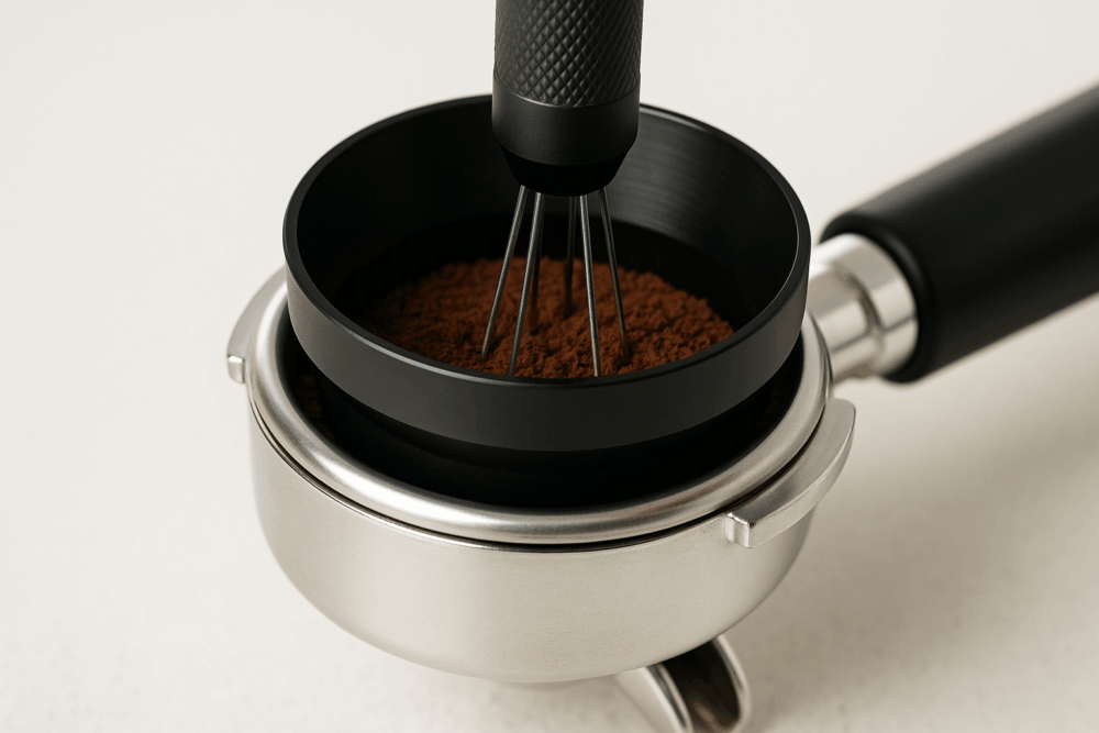 WDT tool stirring grounds in in portafilter