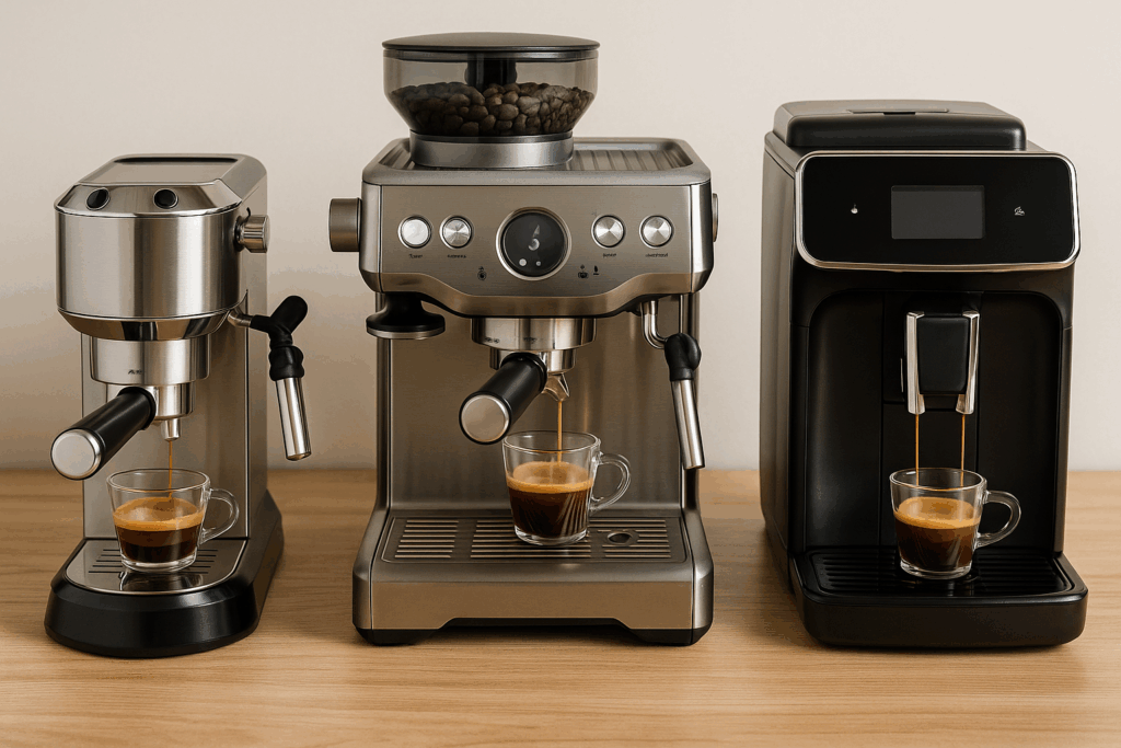 Three different types of espresso machines