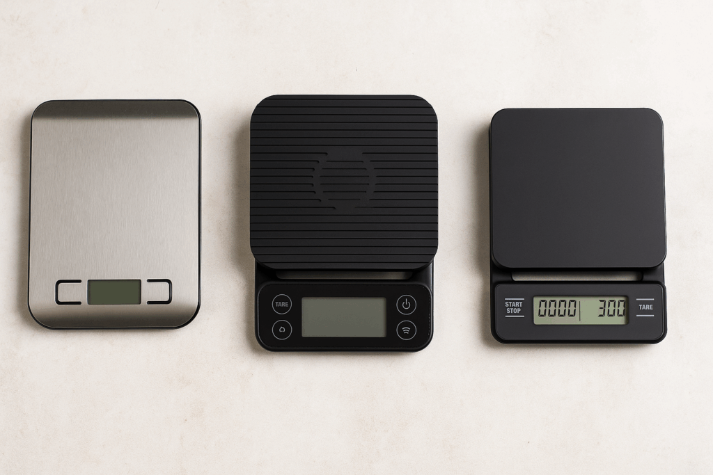 Three different types of digital coffee scales