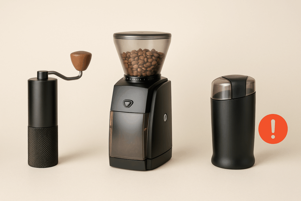 Three different types of coffee bean grinders